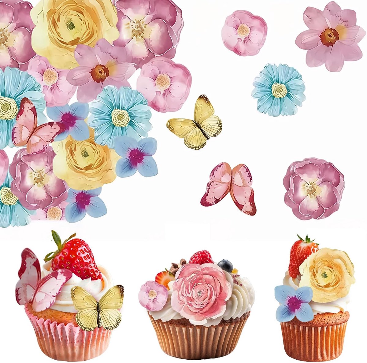 Bloemen voor taarten, 52 stuks. Eetbare bloemen, vlinders, cupcaketoppers, eetbare papieren taartdecoraties voor meisjes. Taartdecoratie voor fondantmuffins