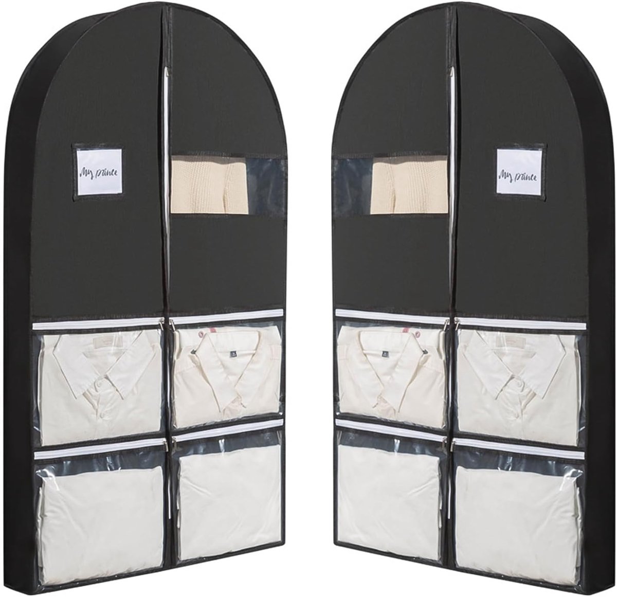 2 stuks hoezen voor kleding om op te hangen, 125 × 60 cm, kostuumhoes, zwart, stofzak voor kleding, met transparante zakken, voor kostuums, jassen en jurken