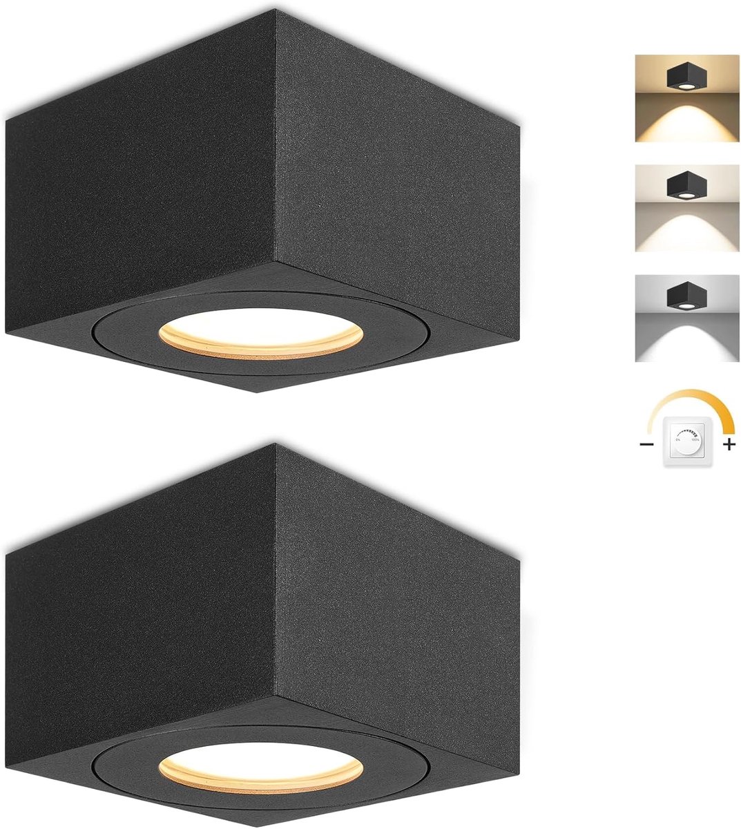 Opbouwspot IP44 Zwart, Ø80x50mm Vierkant Plafondspots incl. 5W 550LM LED Module, 3CCT 3000K/4000K/6500K Opbouwspot 230V, Dimbaar Opbouwspots Plat, Aluminium Opbouwlamp, 2 stuks