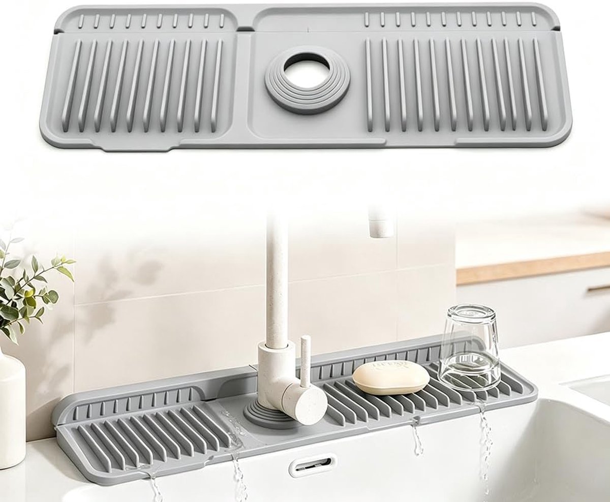 Afdruipmat, gootsteen, kraan, smal, 45 cm, waterkraan, siliconen mat met waterafvoer, klapmand, afvoer, geschikt voor werkbladen in keuken en badkamer, tafelwarmte-isolatie (grijs)
