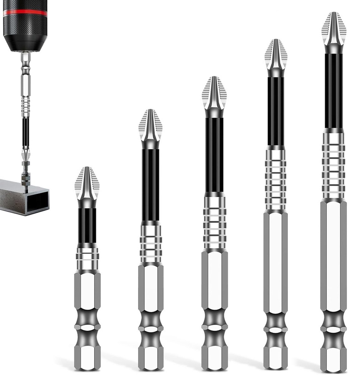 Magnetische Schroevendraaier Boorset voor Doe-Het-Zelf Reparaties PH2 Impact Driver Bits in 5 Maten (50L, 60L, 75L, 90L, 150L) voor Elektrische Boormachines Antislip Ontwerp