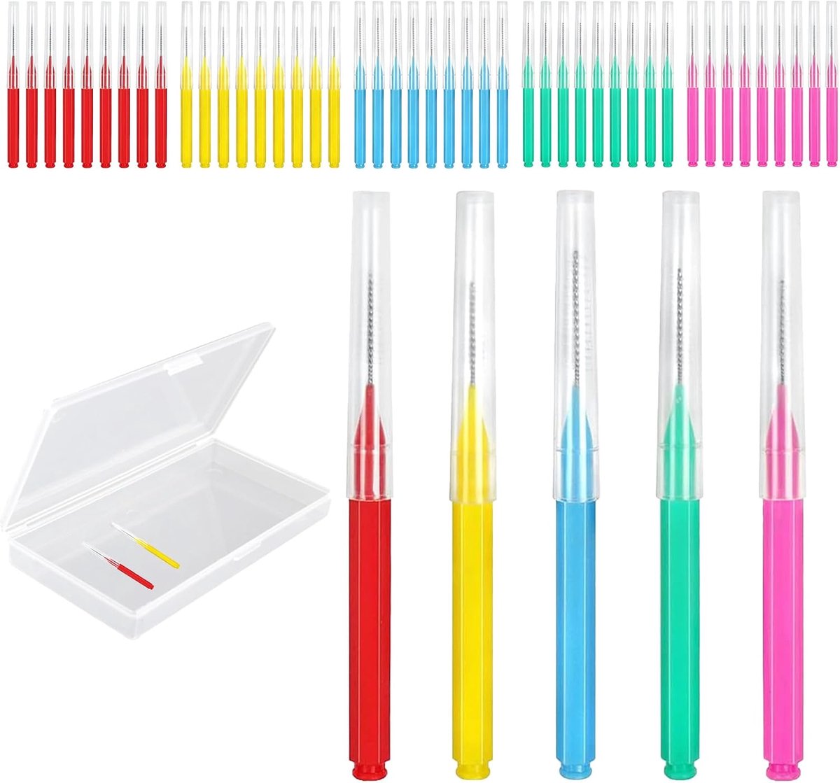 50 stuks beugels borstels voor reiniging met opbergkoffer, interproximale interdentale borstel tussen tanden, 5 kleuren beugels floss picks mondelinge mondhygiëne tandenstoker tandenstokers