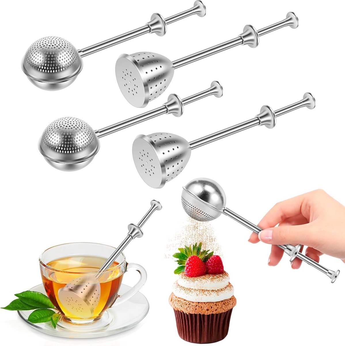 Theezeefjes voor losse thee, theeballen met telescoopgreep, 304 roestvrij staal, theetang, theezeef, thee-infuser, roestvrijstalen meelzeef, plumeel, specerijen, cacaopoeder (bal, halve bol)