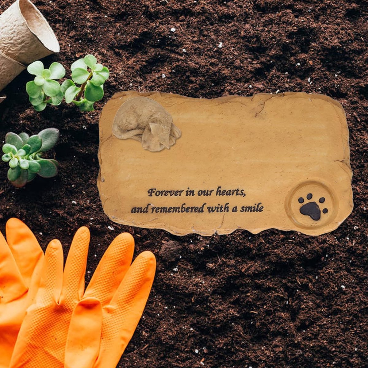 Huisdier Memorial Stones, verlies van Cat Memorial Sympathy Gifts Tombstone Grafsteen, "Voor altijd in onze harten, en herinnerde met een glimlach" Outdoor Grave Maker Garden Decor(B-2)