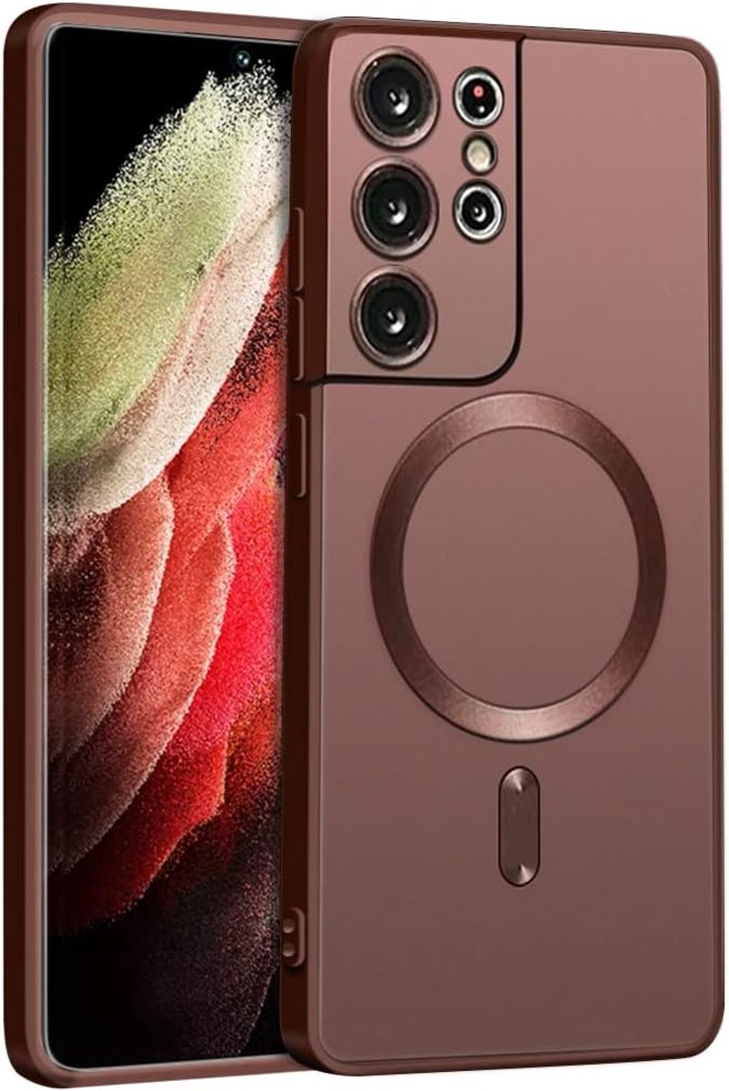 Hoes voor Samsung Galaxy S22 Ultra 5G, S22 Ultra hoesje met volledige afdekking, lens, draadloze chager, beschermhoes voor beeldscherm-camera, bruin