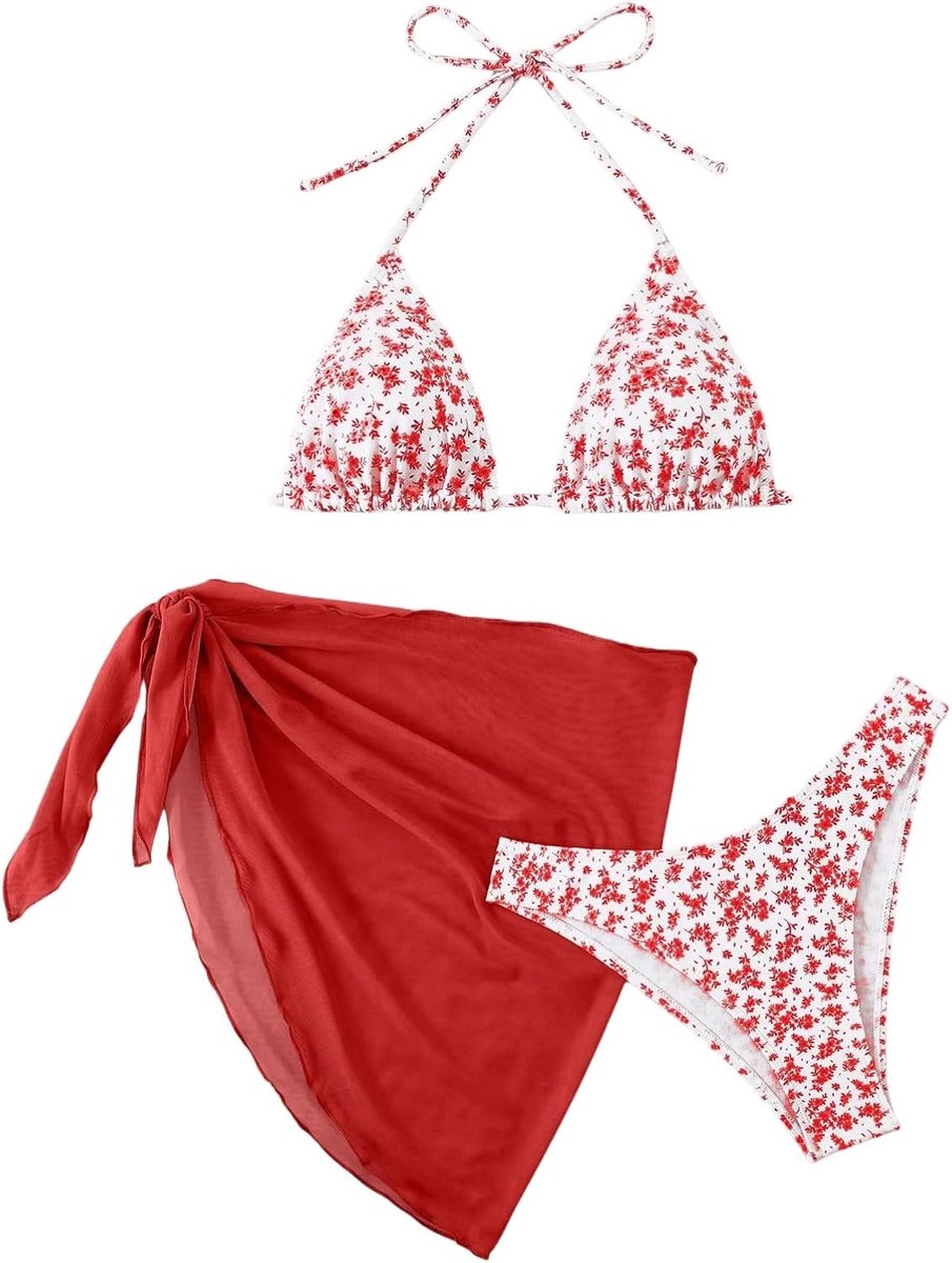 Bikiniset voor dames, 3-delige bikiniset met bloemenpatroon, nekhouder, badpak met cover-up rok, badpakset