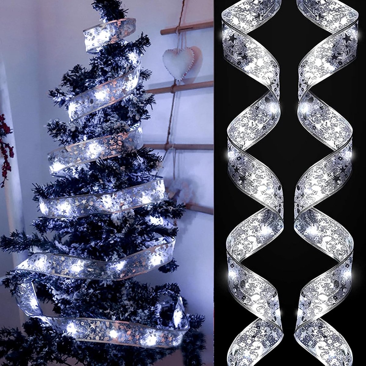 Decoratie, 5 m kerstboomlint, glanzend kant, decoratie voor binnen en buiten, kerstboomversiering, feest, bruiloft, vakantiedecoratie (zilver)