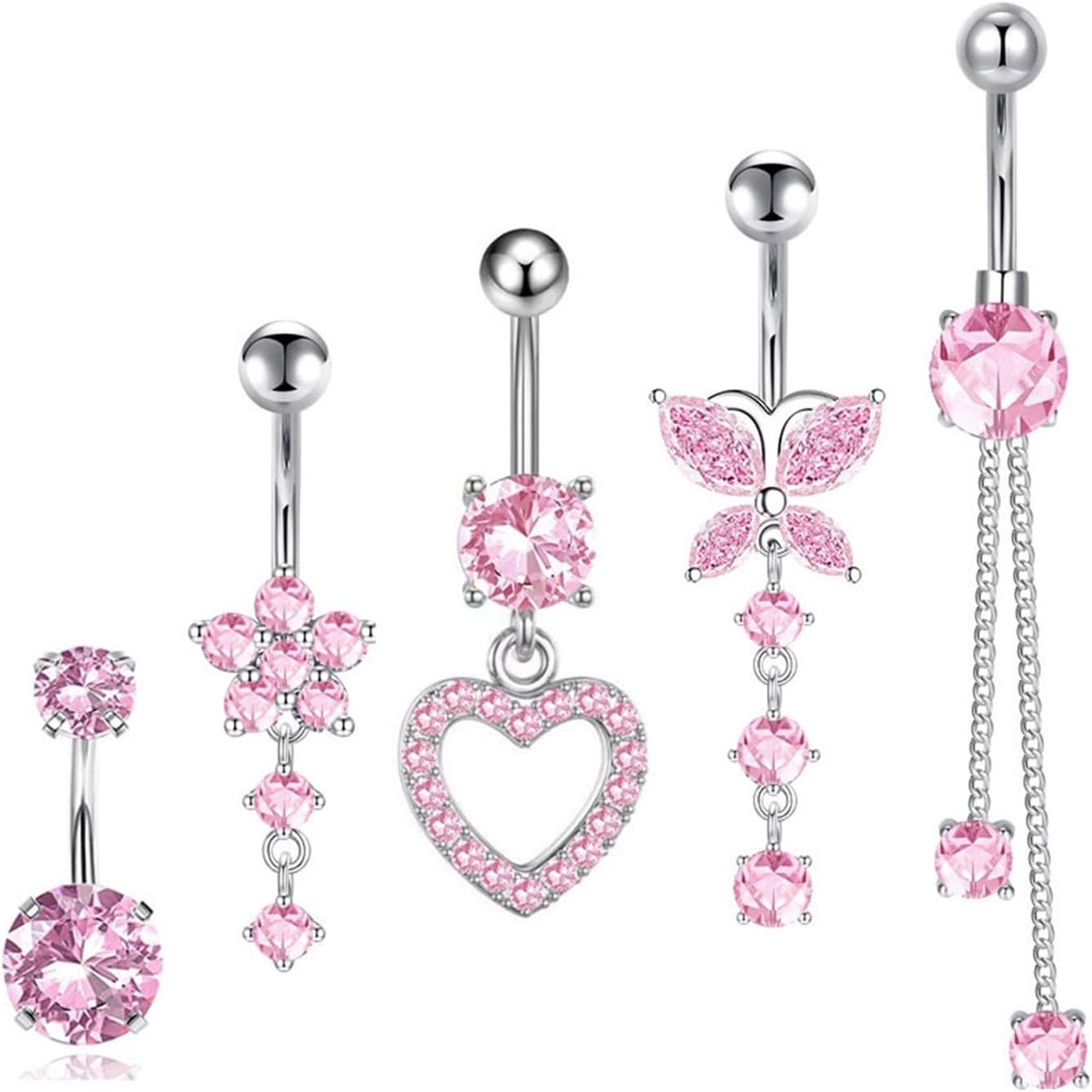 5 stuks navelpiercings, knooppiercing bloem hart vlinder kettingvorm roestvrij staal voor vrouwen meisjes (roze)