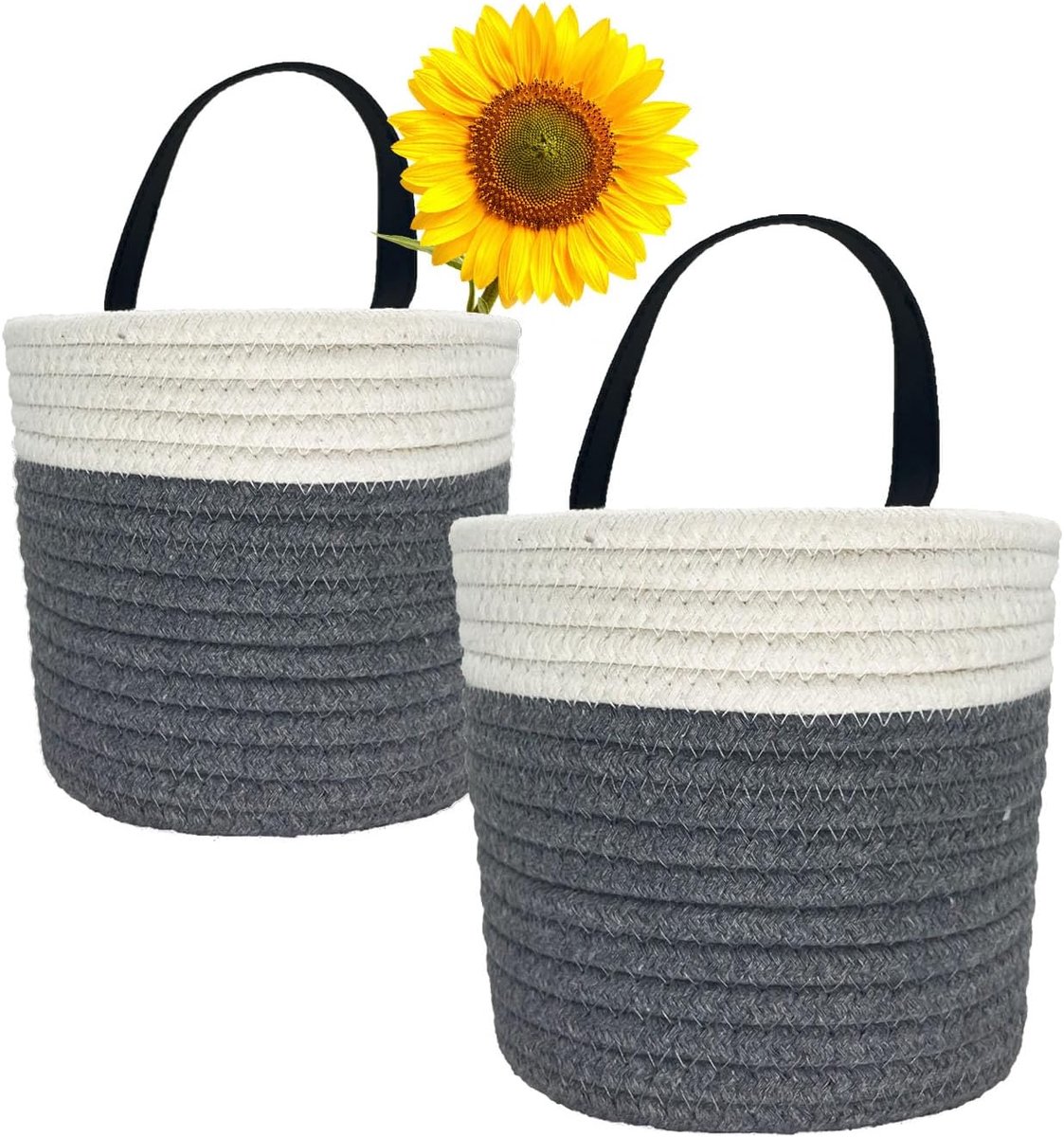 Opbergmanden, 2-Pack 15cm (6") Katoenen Touw Geweven Hangende Plantenpotten Opbergmanden met Lederen Handvatten voor Zonnebrillen Sleutel, Kamerplanten Bloem, Badkamer Accessoires