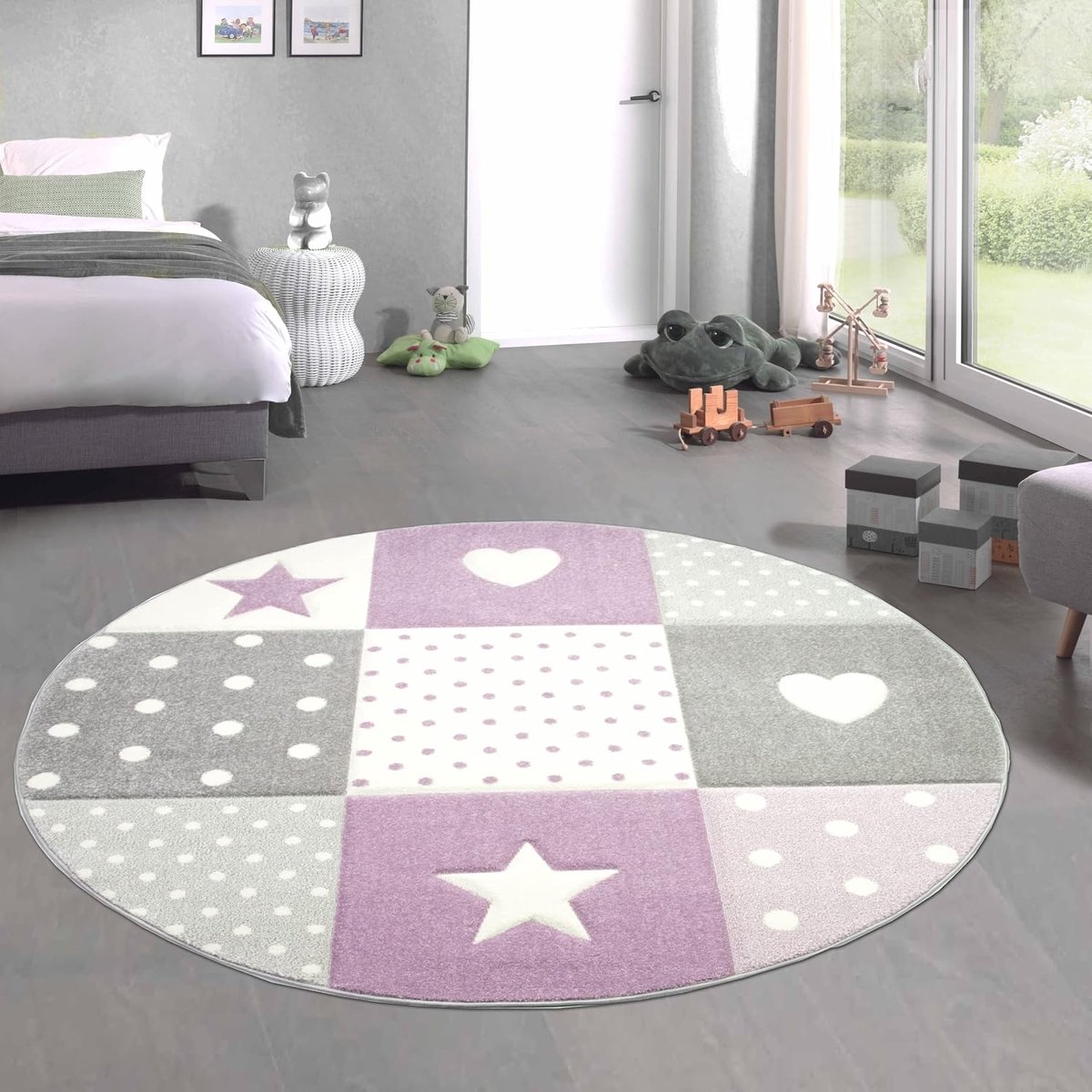 kindervloerkleed kinderkamer babyvloerkleed meisjes met hart ster lila crème grijs maat 160 cm rond