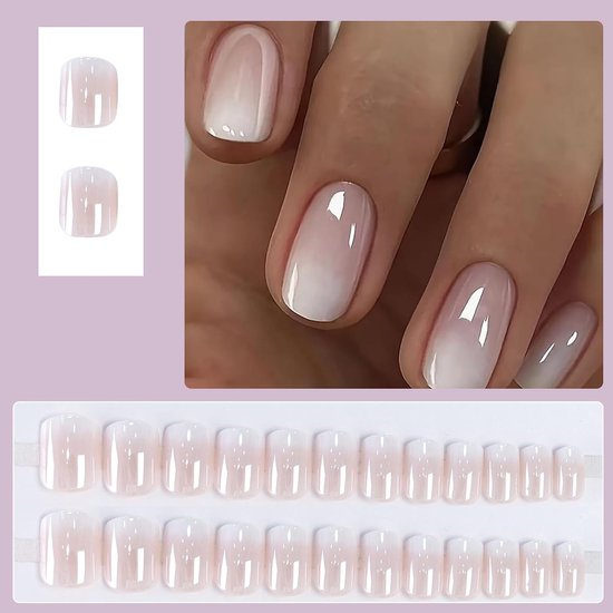 24 stuks plaknagels kort hoekig, roze wit kleurverloop French press on nails, herbruikbare natuurlijke valse nagels, ballerina acryl full cover kunstnagels zelfklevend voor vrouwen — afbeelding 4