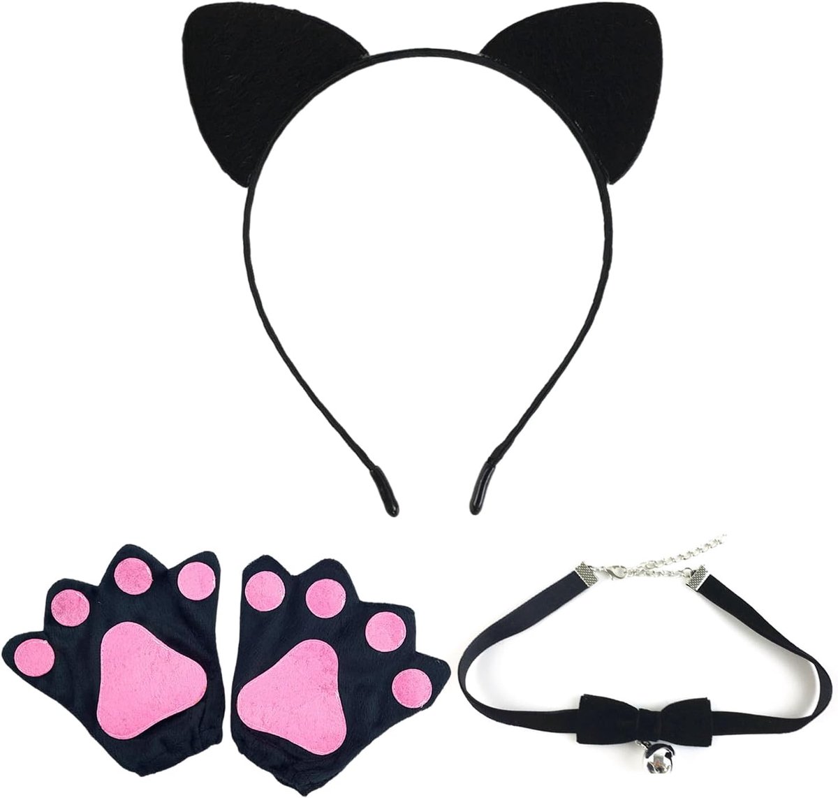 1 x kattenoor-haarband, 1 x booghalsband, 1 paar kattenklauwhandschoenen, schattig kattenkostuum, rolaccessoires, feestkostuumdecoratie.