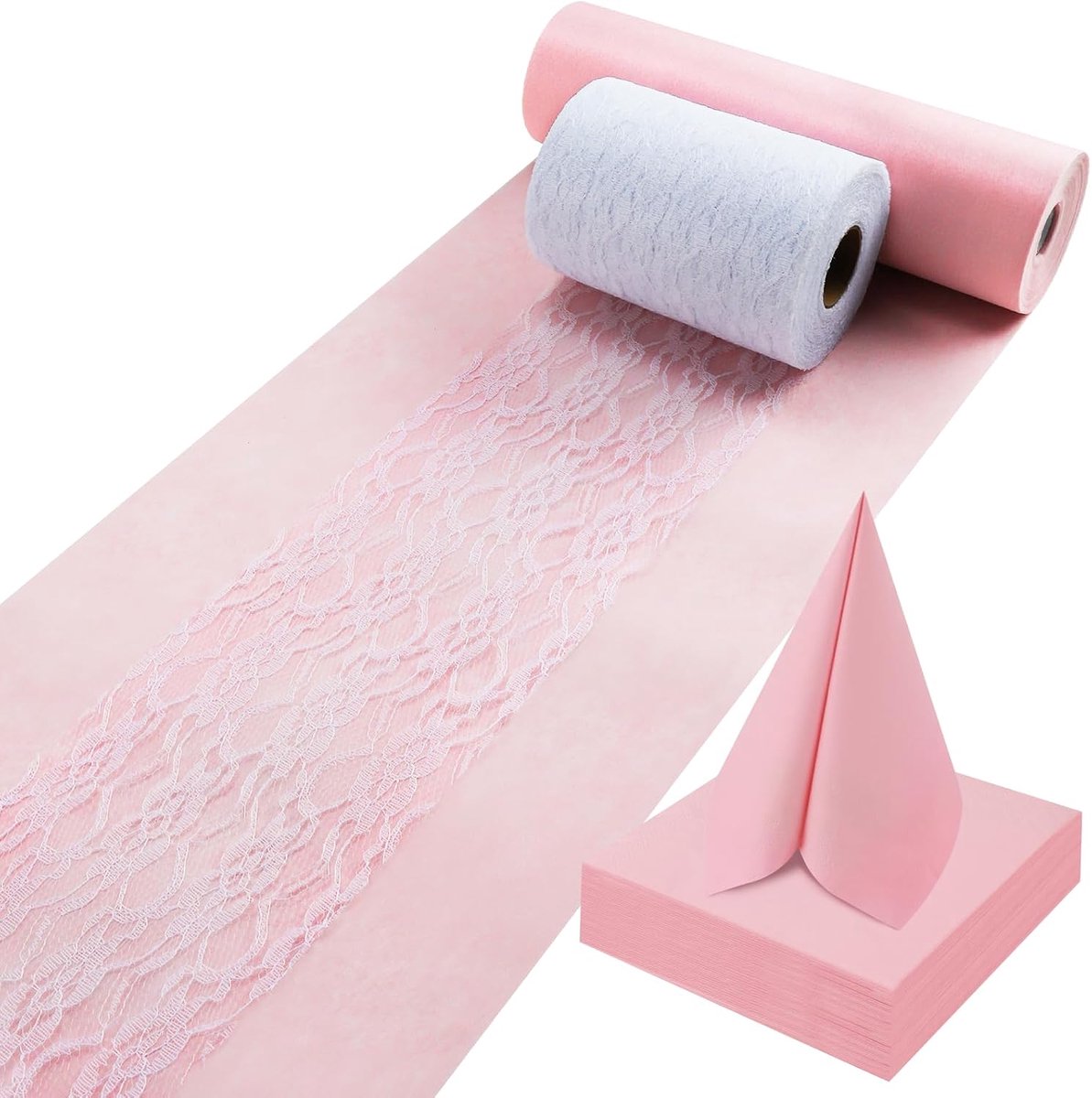 tafelloper Blush Rosé 30 cm x 35 m tafelloper roze witte decoratieve kantbanden en servetten tafeldecoratie set voor doop, communie, bevestiging, bruiloft en verjaardag