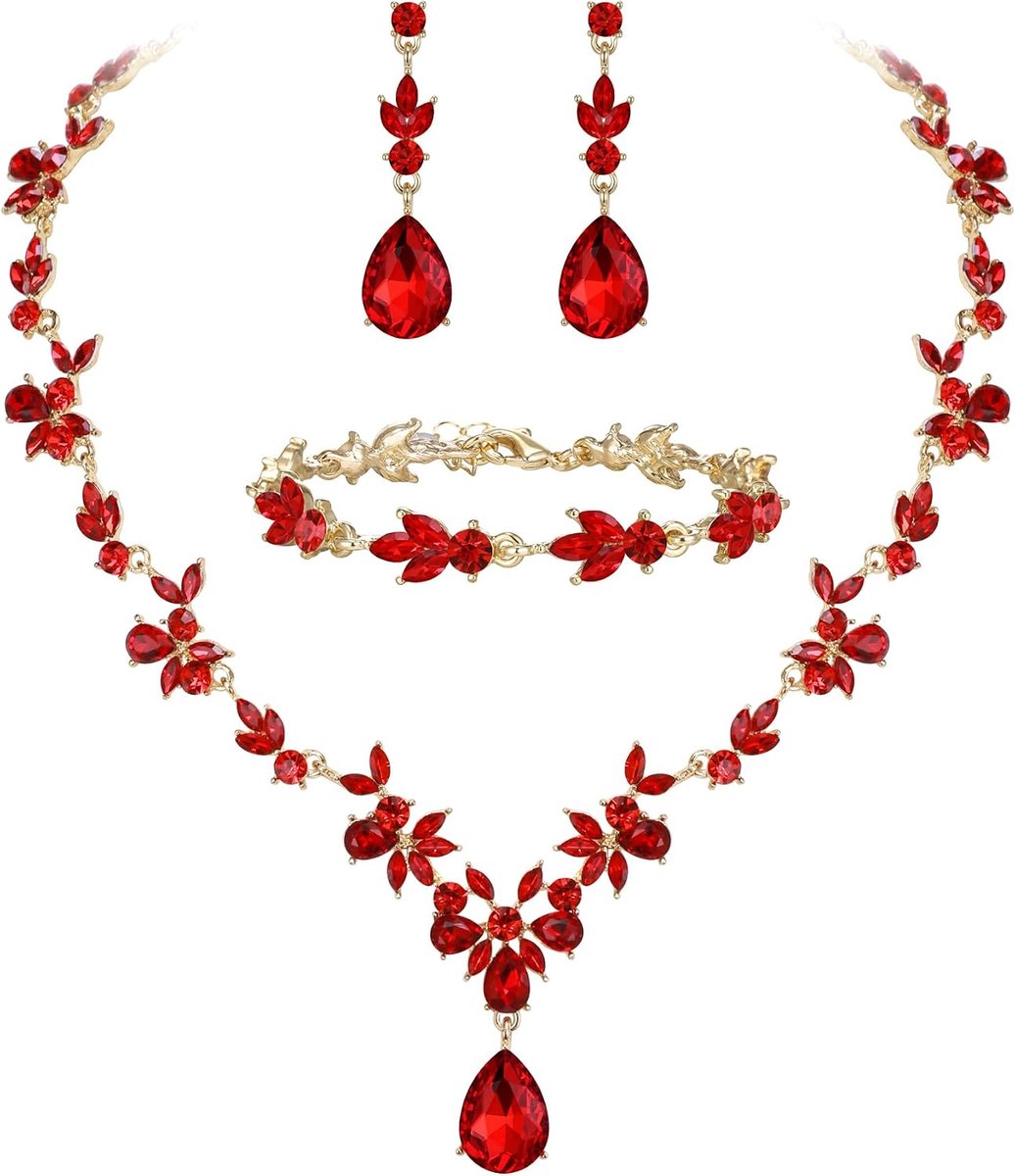 Bruiloftssieradenset voor dames, bruid, Y-halsketting, tennisarmband en oorbellen, hangers, kristal, druppel, marquise cluster, sieraden voor bruid, bruidsmeisje, blauw, zilverkleurig