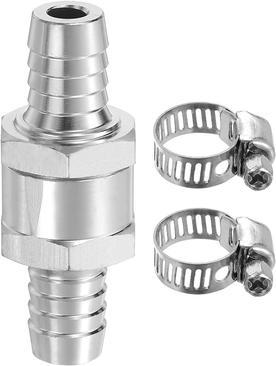 12 mm (1/2") brandstofterugslagventiel, wegwerp-terugslagklep met klemmen, aluminiumlegering besturingsaccessoires voor benzine, diesel, gas, olie, lucht, water, zilver