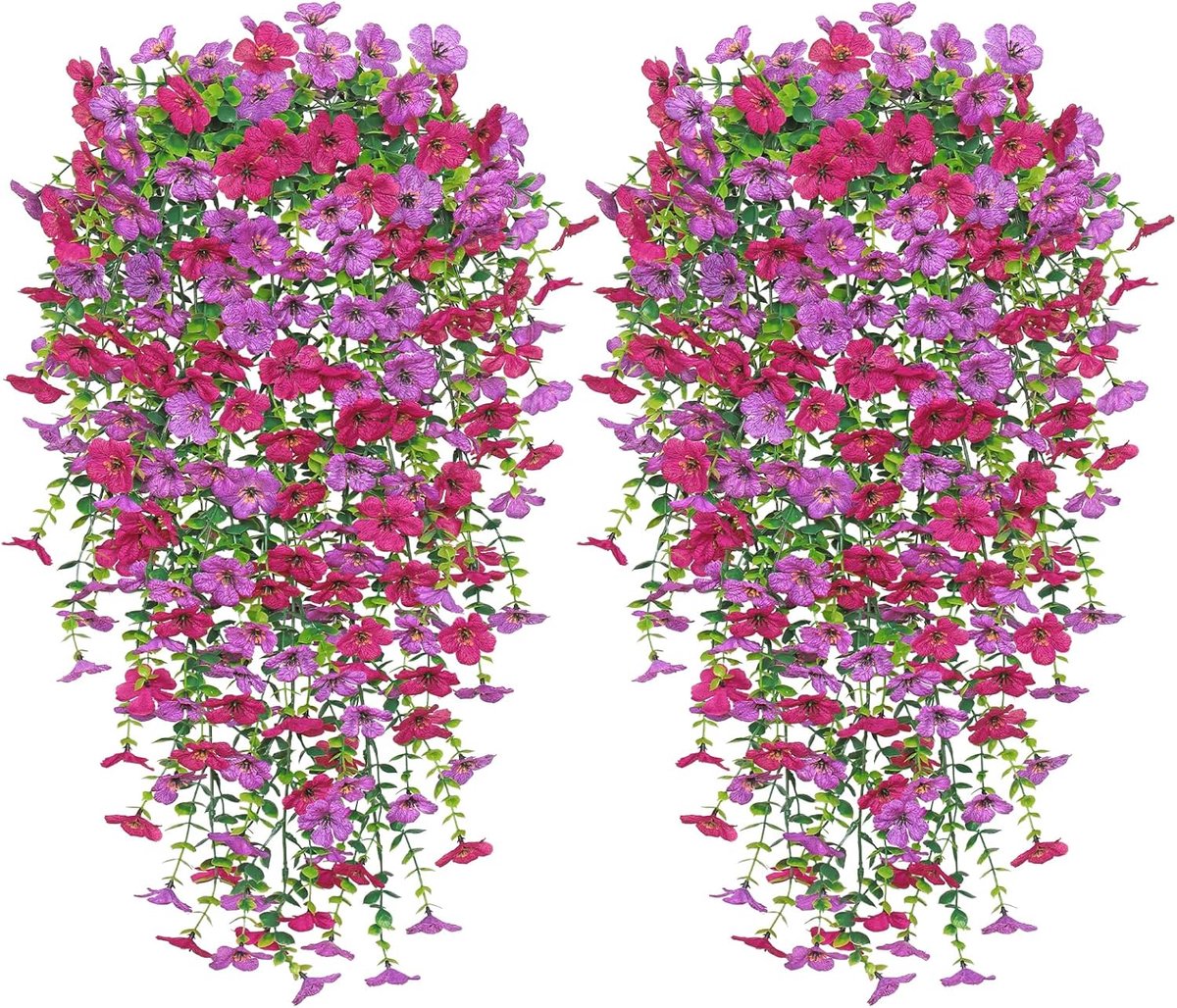 Kunstmatige hangende bloemen, 4 stuks, kunstmatige hangplanten, uv-bestendig, nephangende bloemen, kunstmatige hangplanten voor tuin, terras, bruiloft, buitendecoratie (Paars-roze rood)