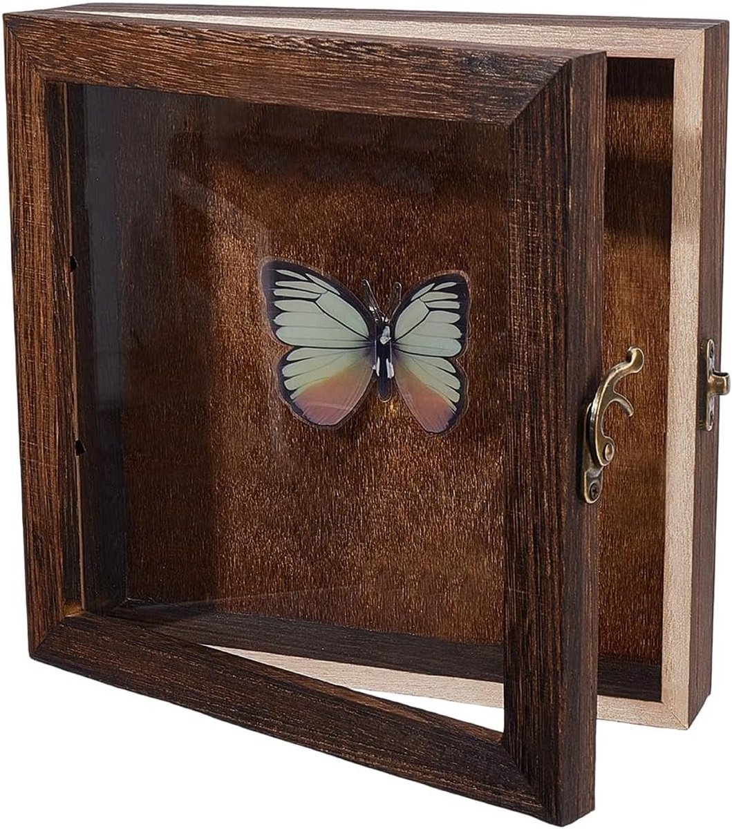 20 x 20 x 4,5 cm schaduwdoos frame vitrine vintage opbergdoos van hout met glazen deksel en metalen sluiting decoratieve verzameldoos voor souvenirs boeketten