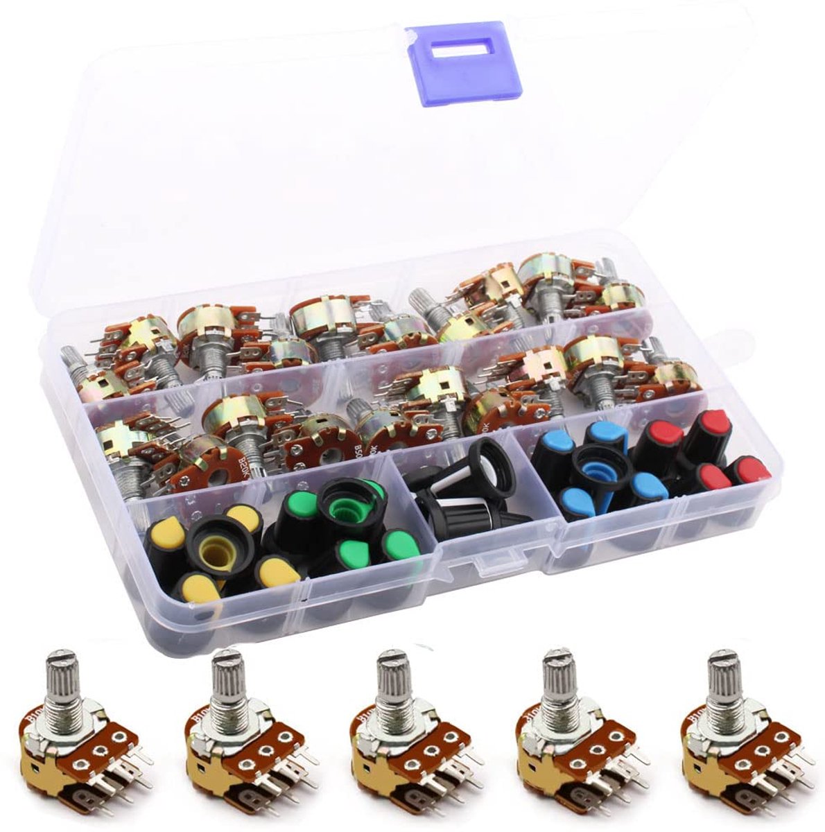 20 stuks Potentiometer Lineair (B5K B10K B20K B50K B100K) roterende potentiometer 6-pins variabele weerstanden dual taper audio B type