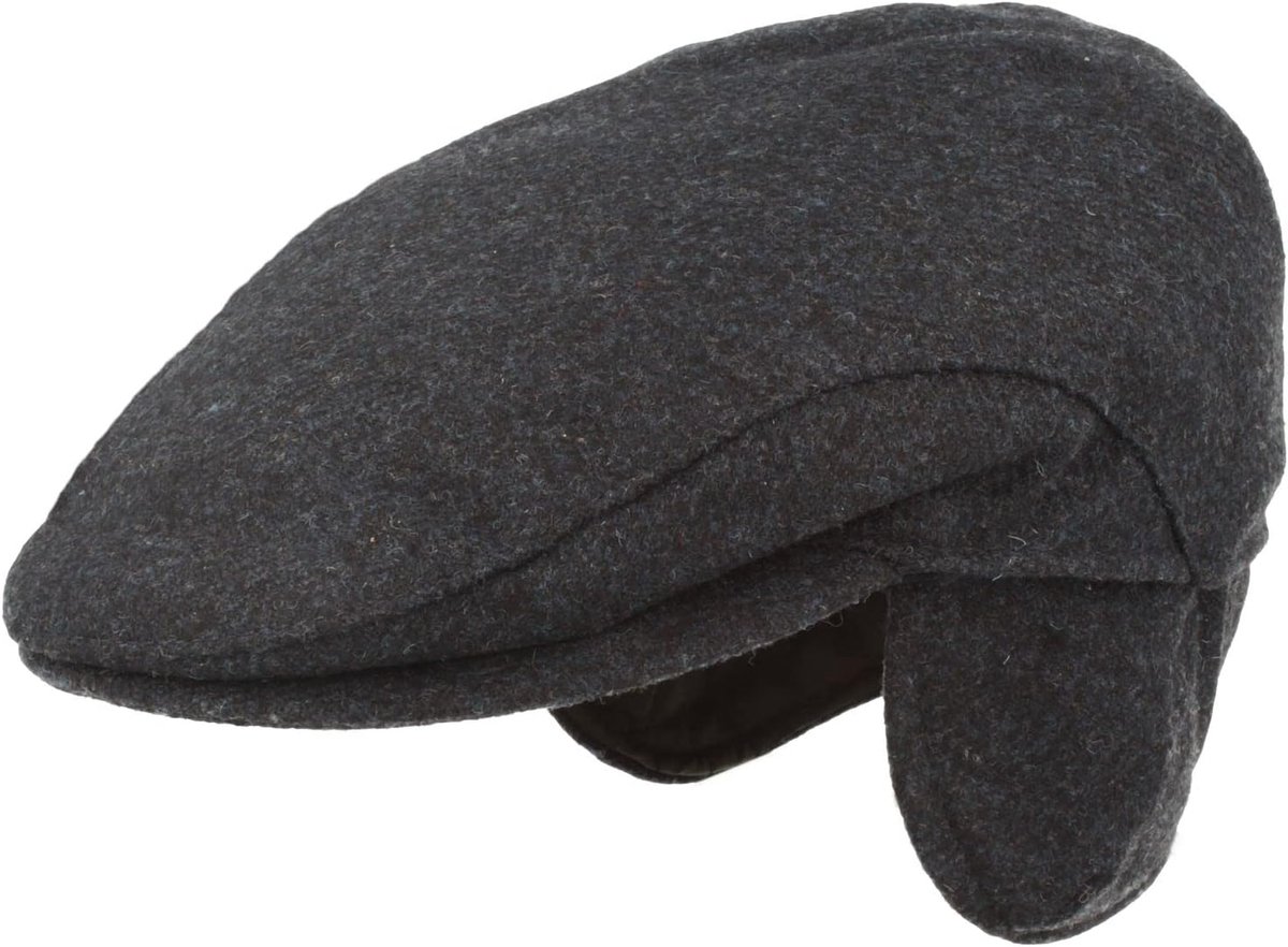 Herenmuts met oorkleppen, flatcap, van 100% wol met uitklapbare oorbescherming, huidvriendelijk en comfortabel, Blauw effen, 57 cm