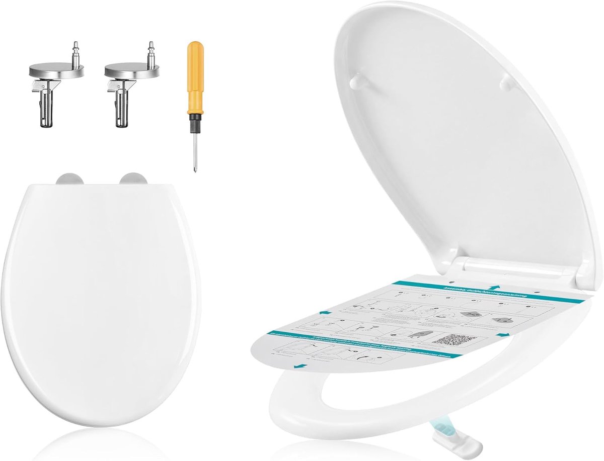 O-vormige toiletbril, softclose-mechanisme, handgreep, snelsluiting, eenvoudige installatie, gemaakt van ureum-duroplast, draagvermogen tot 300 kg, wit BTL101WZ01