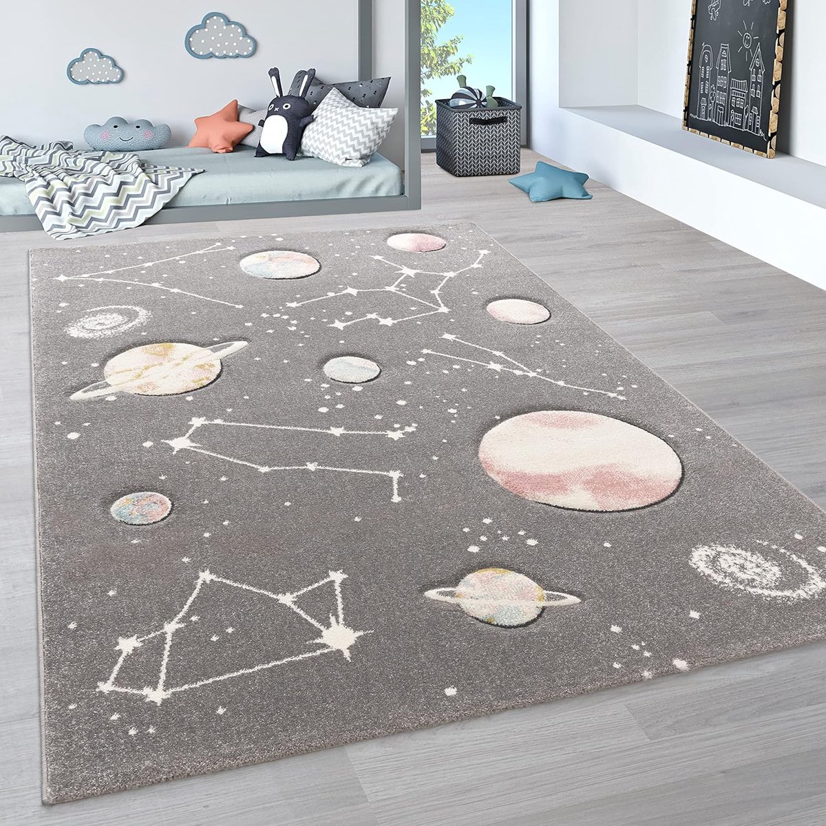 Home Kindervloerkleed, Speelvloerkleed Met Planeten En Sterren, Voor Kinderkamers In Grijs, Maat:120x170 cm
