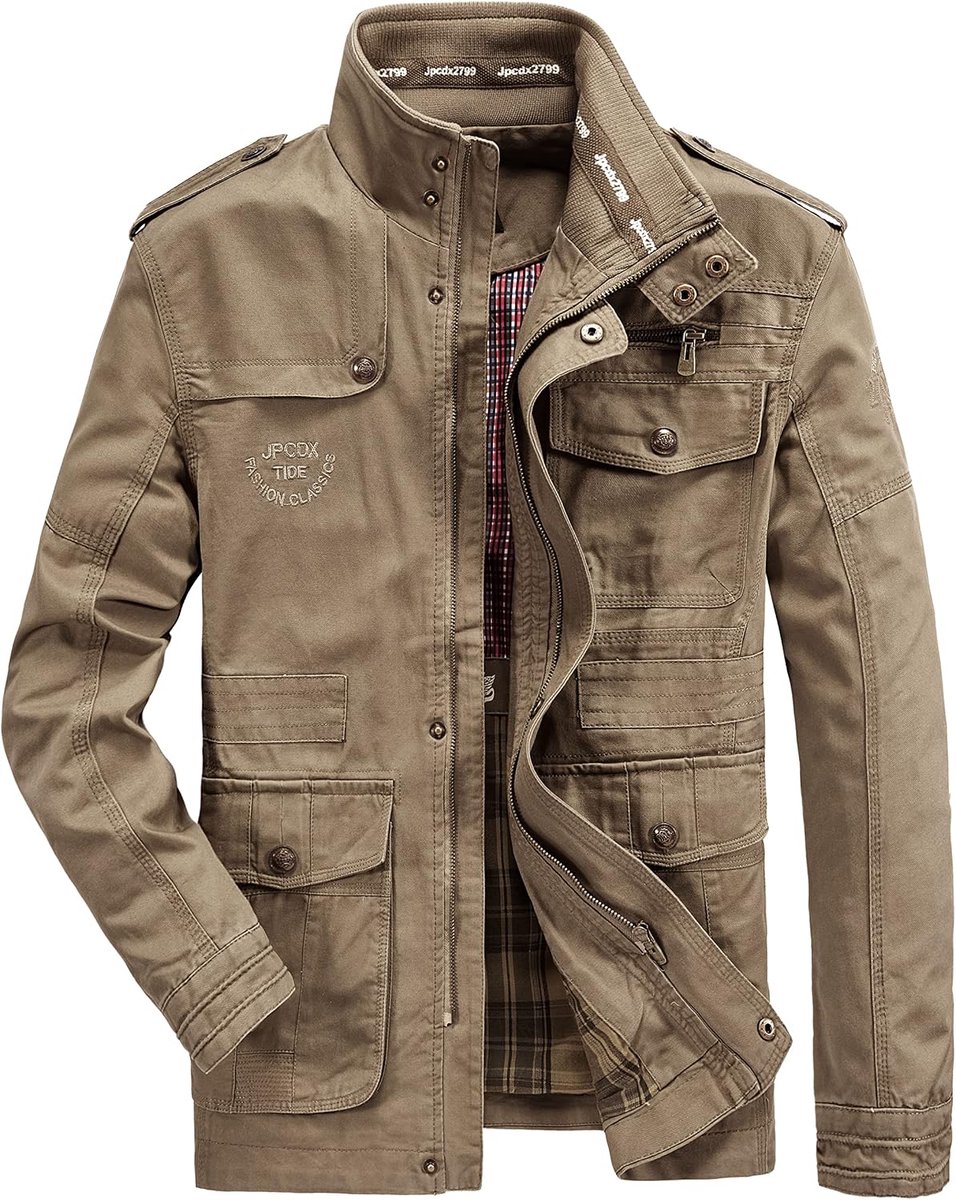 Overgangsjas voor heren, cargo-jas, opstaande kraag, katoenen jas, meerdere zakken, legerjas, herfstjas, casual windbreaker