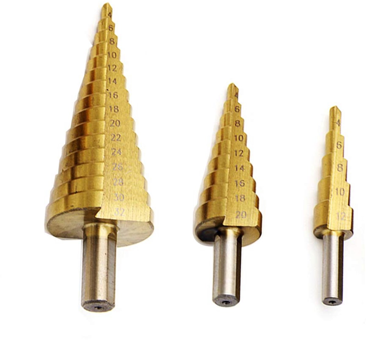 Step Cone Boor Set 3 Stuk Set 4-12mm/4-20mm/4-32mm, Titanium Coated 4241 HSS Hex Shank Pagode Boor