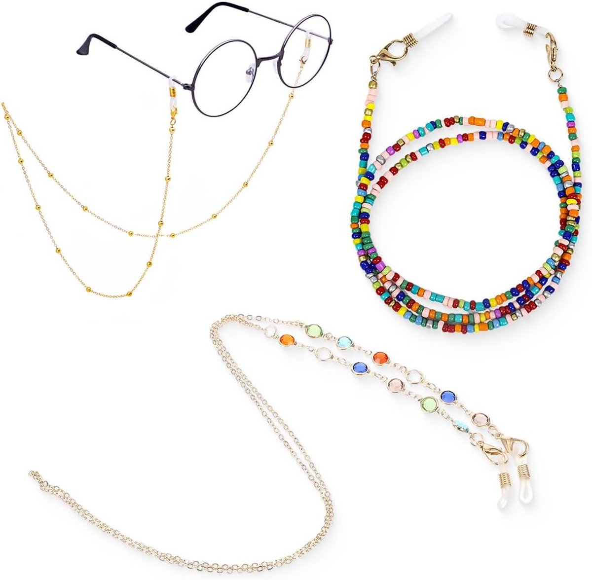 Brilketting set van 3 - kleurrijke kralen - verstelbaar - beschermt tegen verlies - ShopVlot