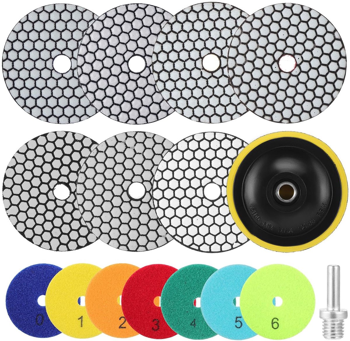 Diamantpolijstpads 10 cm - set van 7 korrels 50/100/200/400/800/1500/3000 - met M14 steunplaat - ShopVlot
