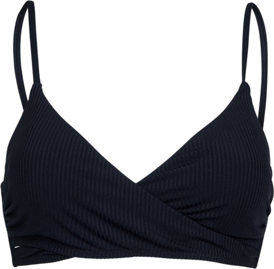 Haut de bikini noir côtelé avec bonnets croisés et fines bretelles.