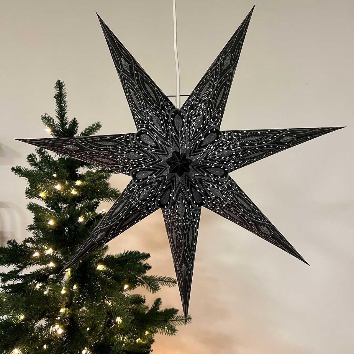 Papieren Kerstdecoratie Ster 60cm - Zwart met Zilveren Glitter - Inclusief Verlichtingskabel - ShopVlot