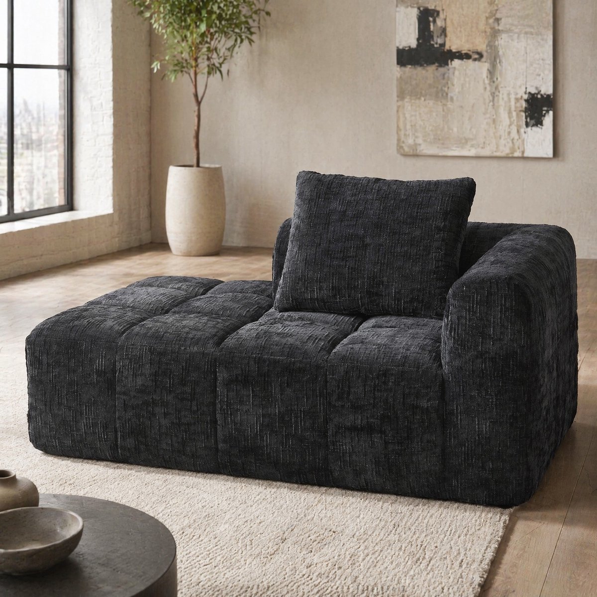 MEUNIQ chaise longue 158 x 90 x 60 cm, zacht chenille, met kussen en zijvakken, zonder montage, voor woonkamer en slaapkamer, zwart