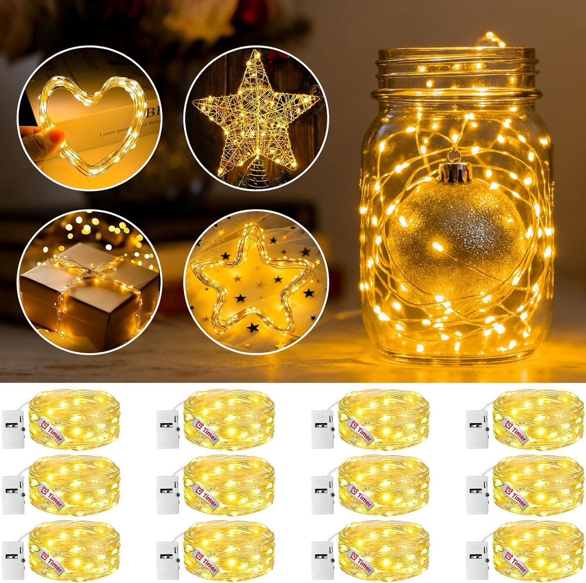 Lichtketting 12 x Fairy Lights - Warm wit - Waterdicht zilverdraad - Perfect voor decoratie - ShopVlot