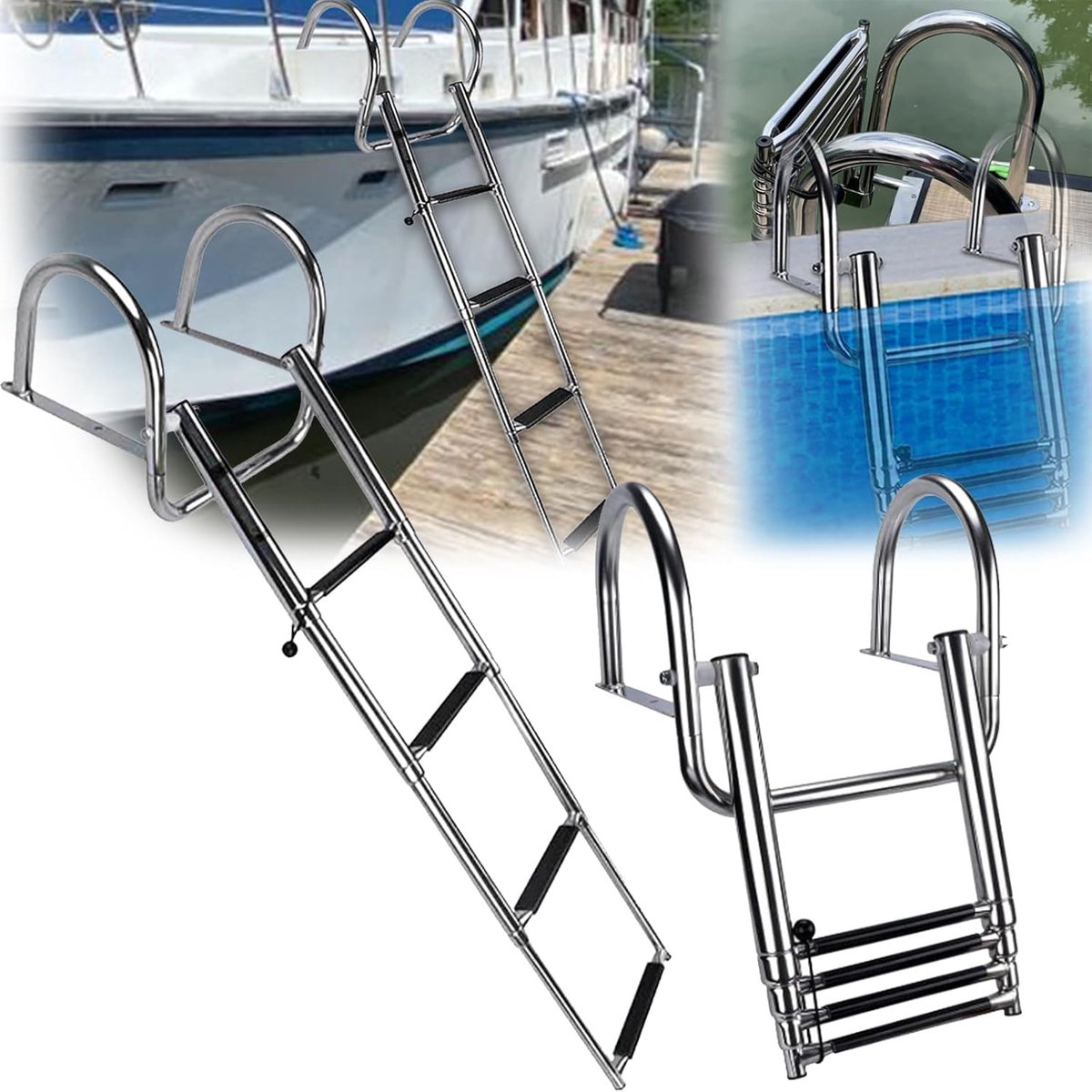Zwembadladder 4 treden - 316 roestvrij staal - telescopisch en opvouwbaar - veilig de water in - SnelShoppen