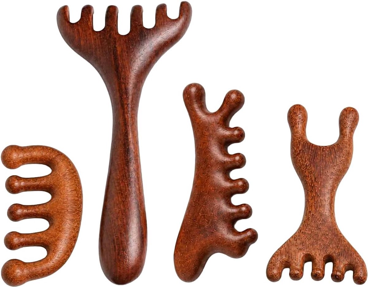 Massagekam set 4 stuks - sandelhout - antistatisch - ontspanningsgereedschap voor lichaam en hoofd - SnelShoppen