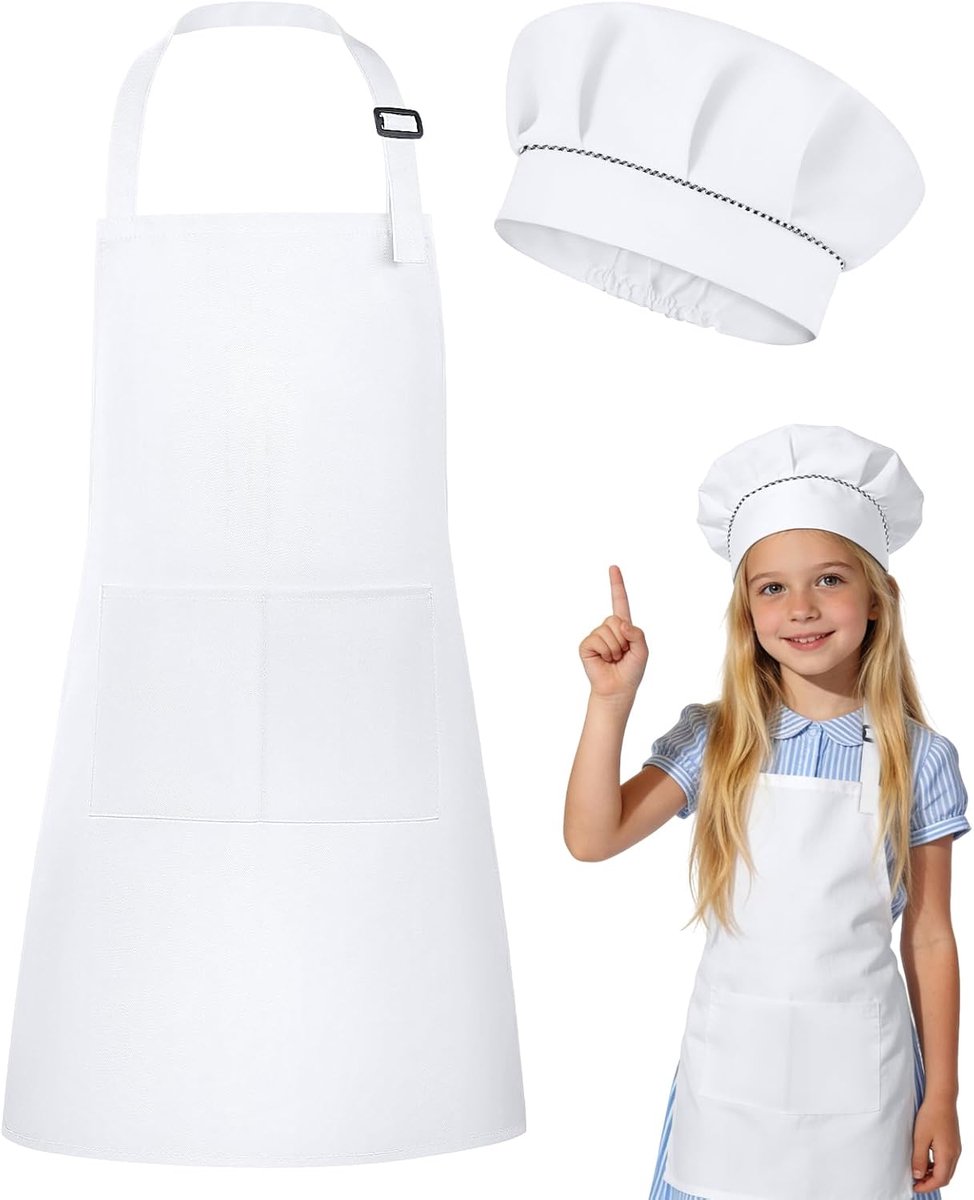Kinder schort set S - verstelbaar met chef-kap - 2 zakken - ideaal voor bakken en knutselen - SnelShoppen