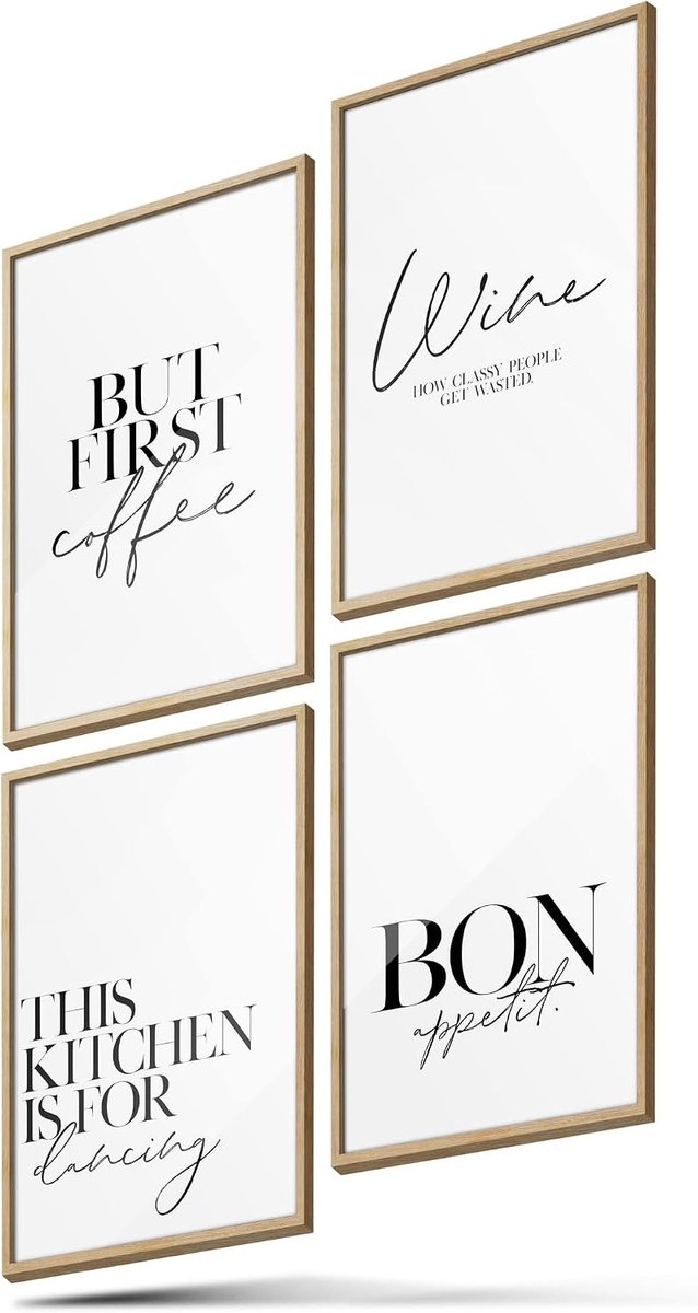 Poster set keuken - 4 moderne wandafbeeldingen met teksten - premium A4 posters voor wanddecoratie - SnelShoppen
