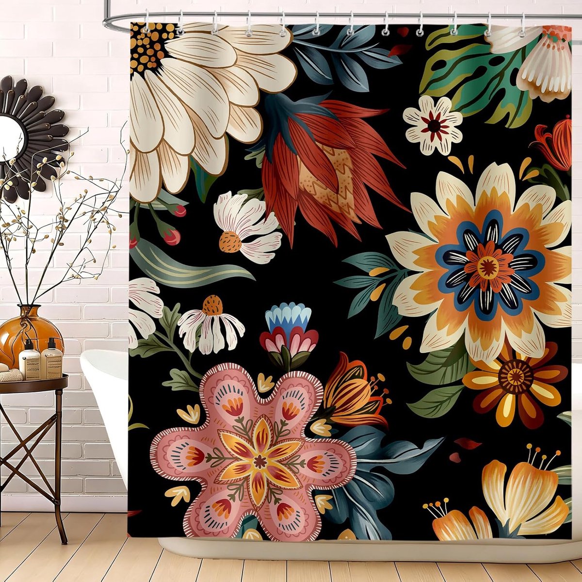 Douchegordijn Boho Bloemen 180 x 200 cm - Vintage Polyester - Waterdicht en machinewasbaar - ShopVlot