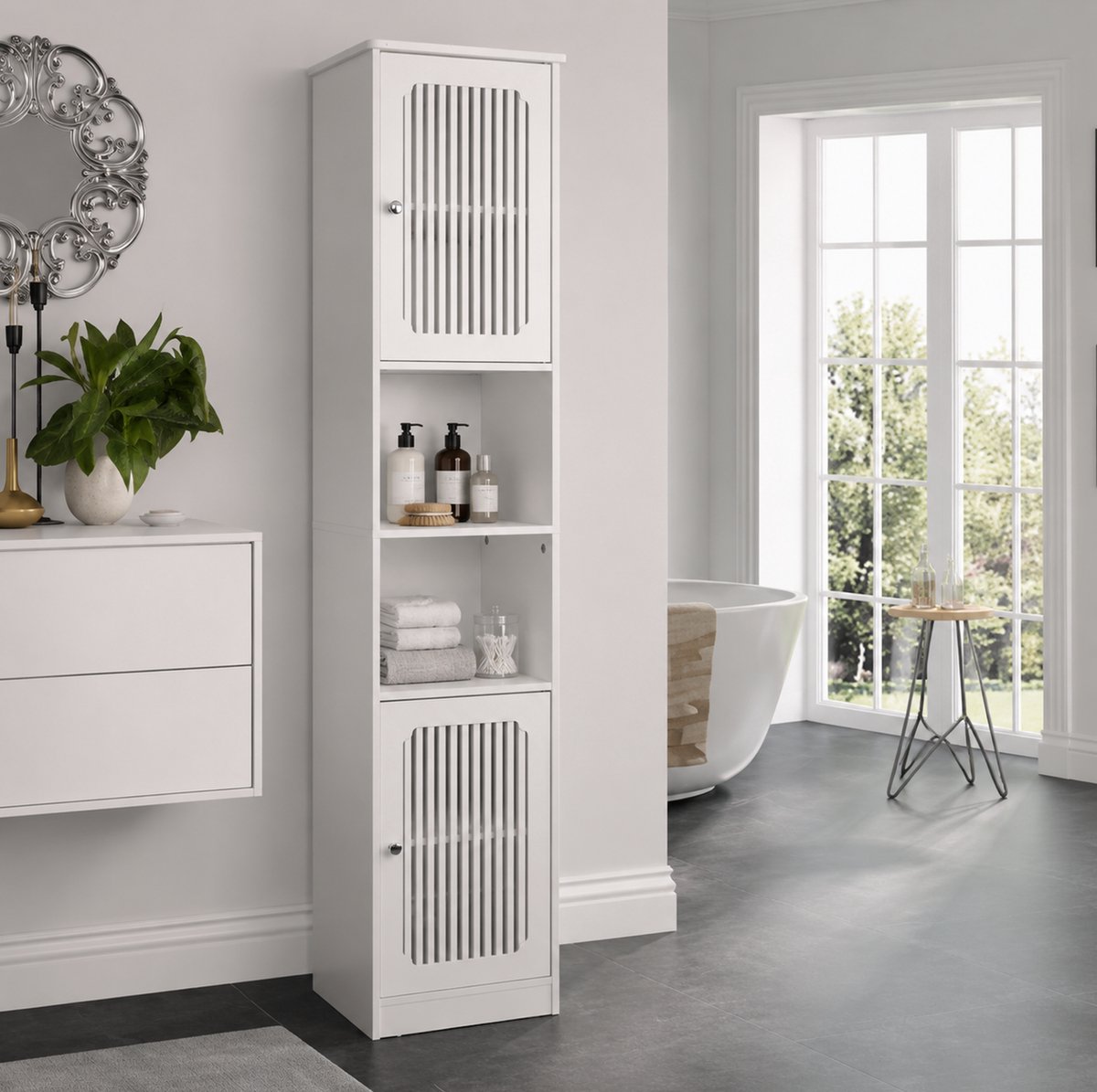 Badkamerkast - Smal Hoog Model Met Verstelbare Planken En Lamellendeuren - Voor Badkamer En Vochtige Ruimtes - Wit - 36x30x163 Cm