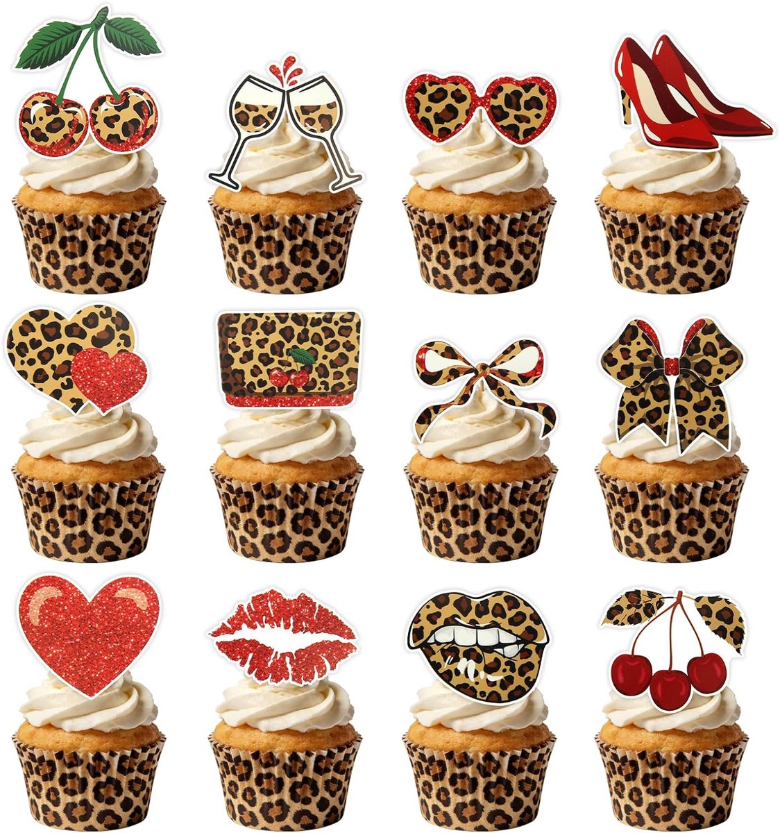 Cupcake toppers luipaardprint - 24 stuks - jungle safari thema - voeg wildheid toe aan desserts - ShopVlot