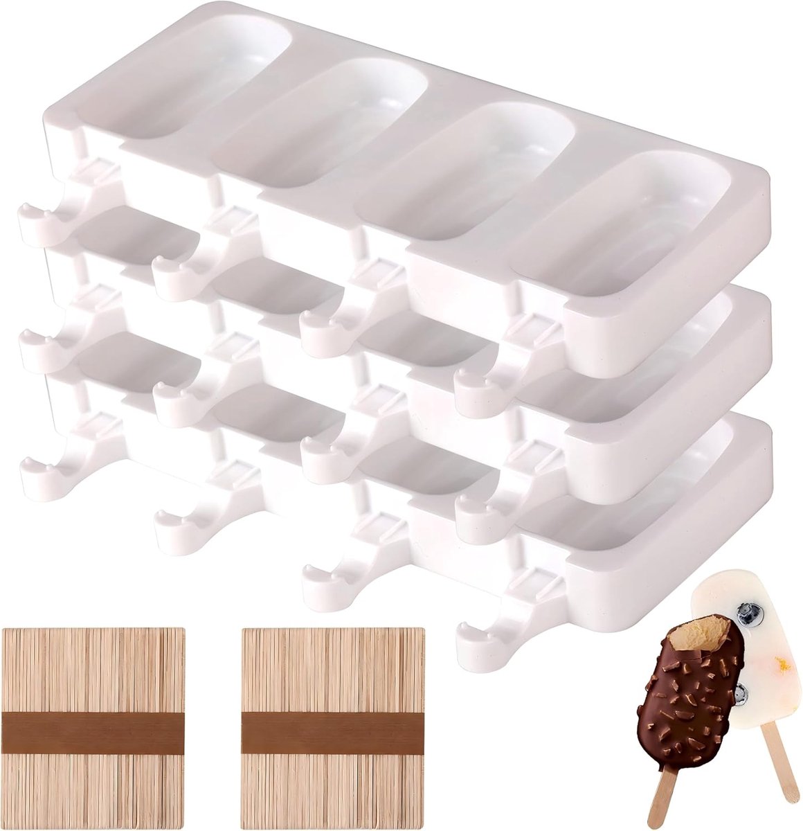 IJsvormen silicone - 3-delige set met houten stokjes - BPA-vrij - Perfect voor zelfgemaakte ijsjes - ShopVlot
