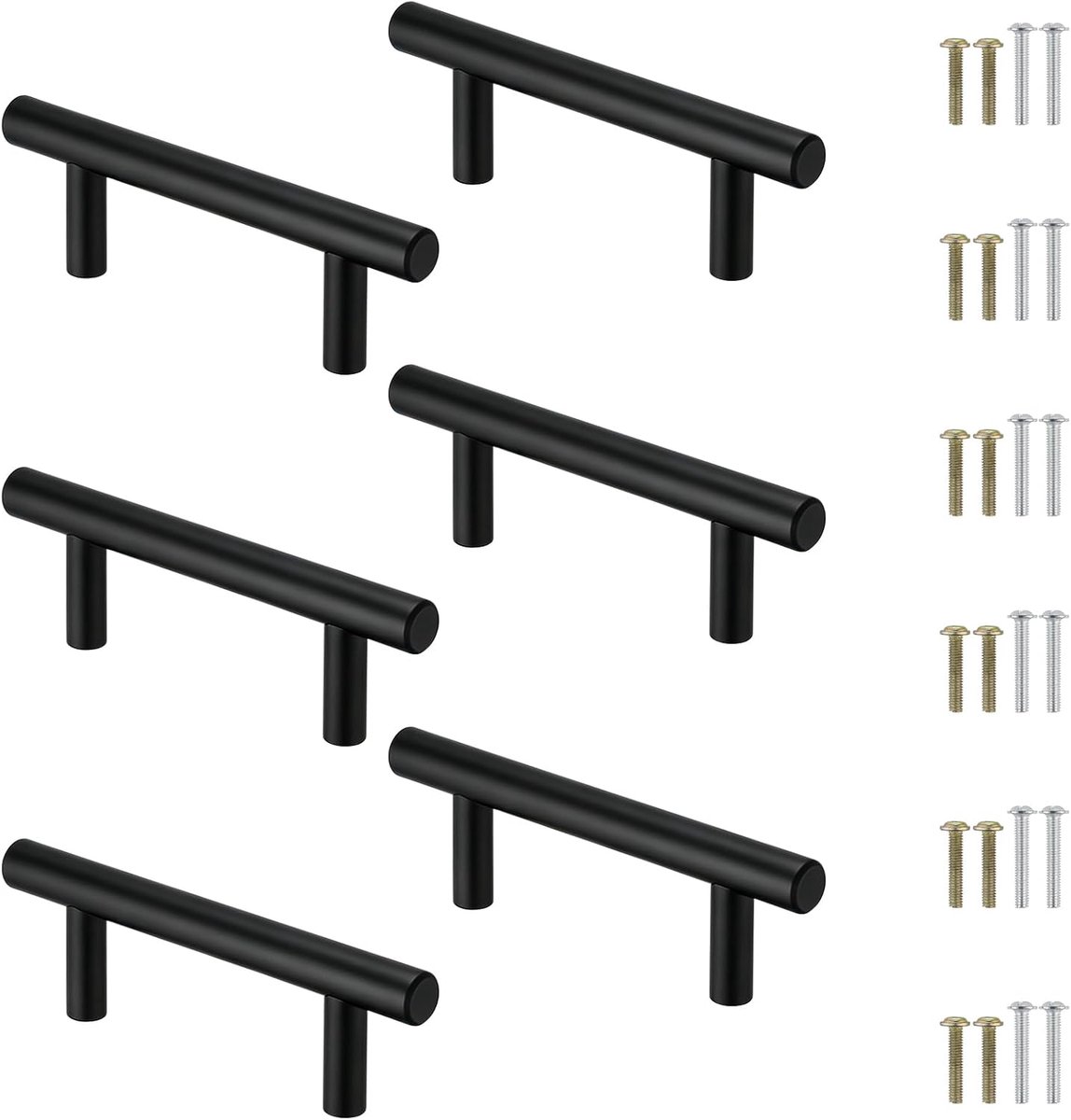 6 Stuks Kastgrepen Zwart 64mm Gatafstand, Meubelgrepen Roestvrij Staal, Ladegrepen met Schroeven, Stanggreep voor Kast, Lade, Cabnet, Dienblad