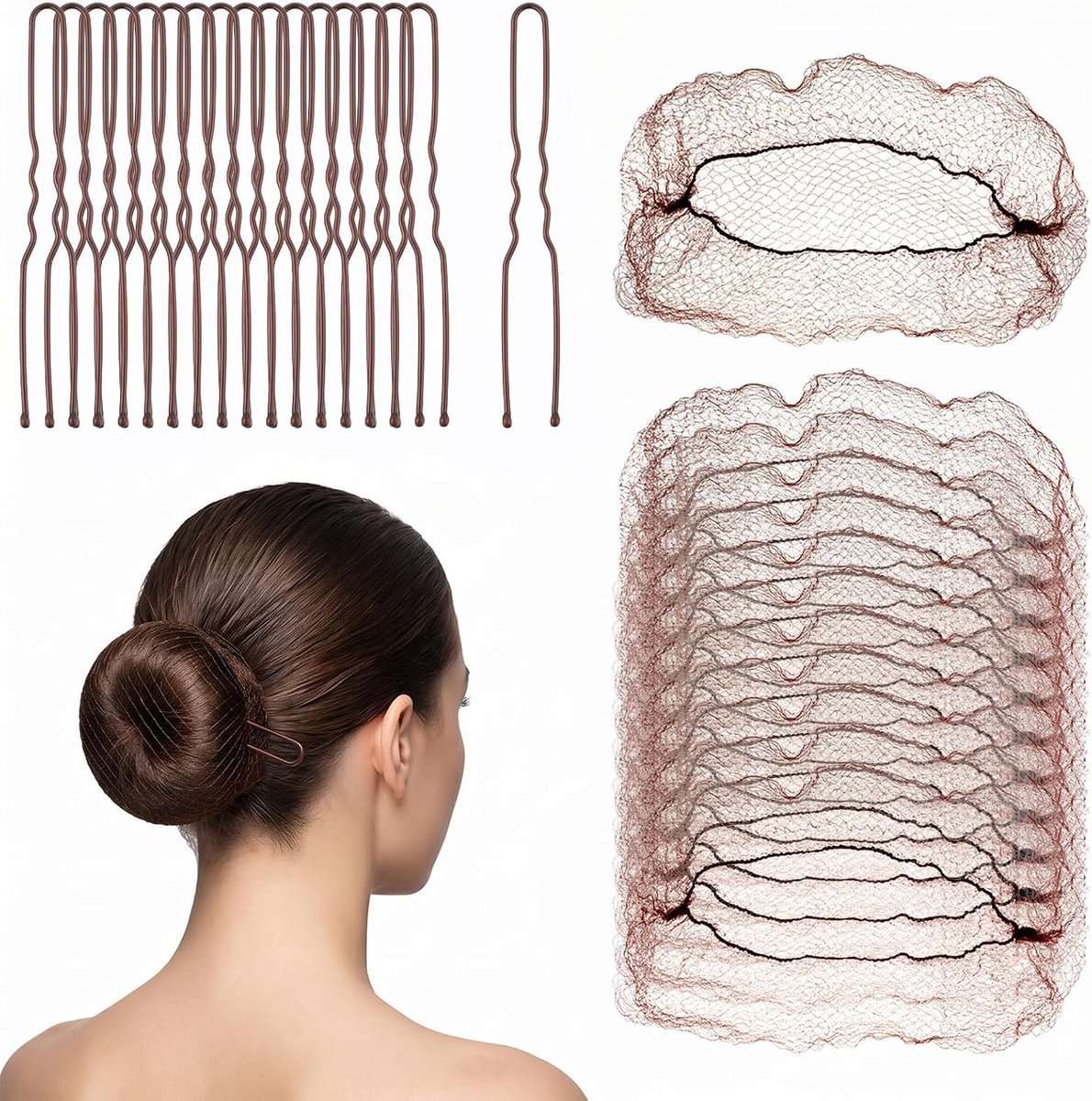 Haarnetset, 20 stuks onzichtbare haarnetten en 50 stuks U-vormige haarspelden voor vrouwen en meisjes, elastische rand broodjesnetten voor balletbroodjesmaker en dans, dagelijkse styling