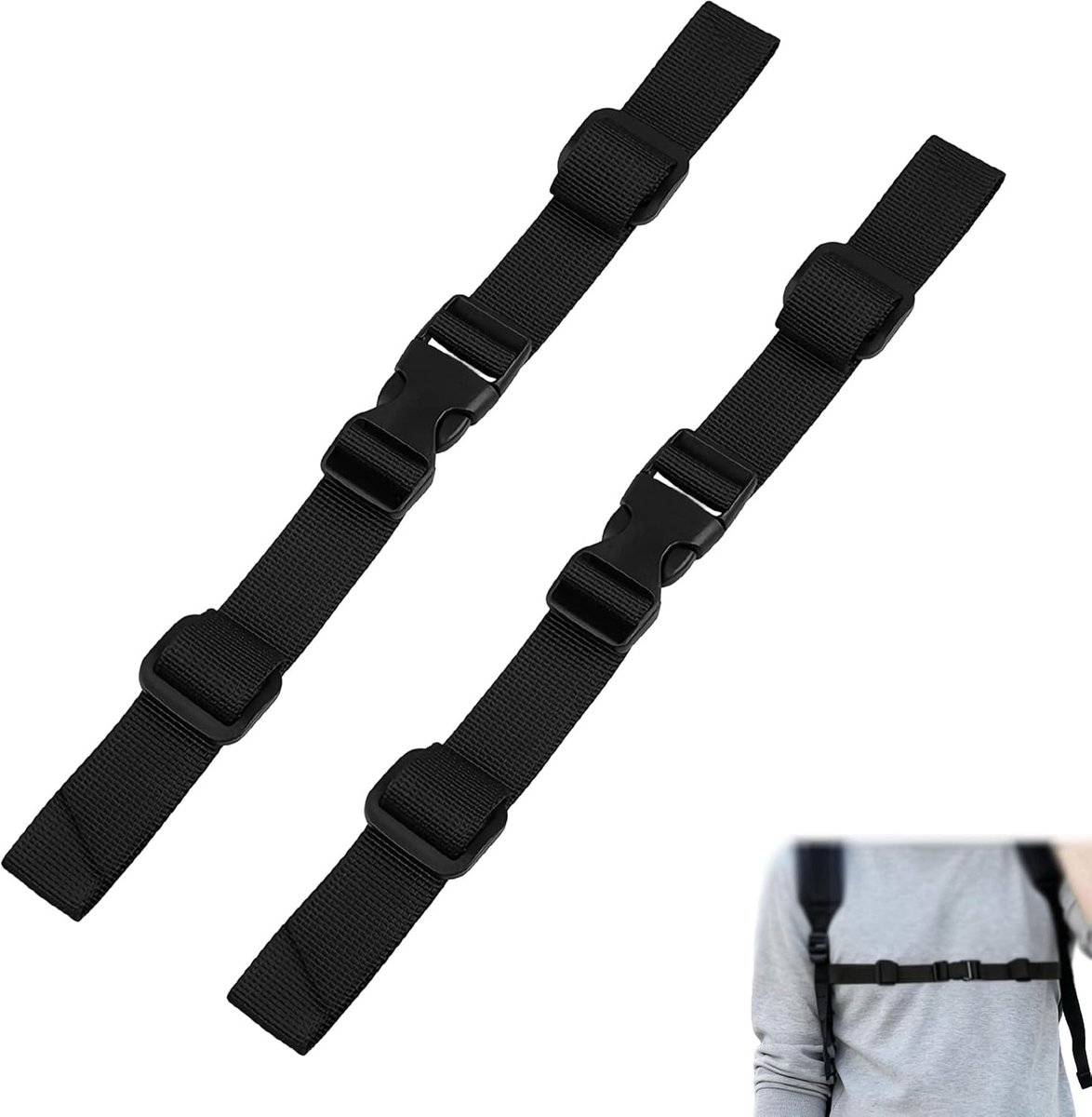 Borstriem voor rugzak, 2 stuks, 28 cm lang, 2 cm breed, antislip, verstelbaar, snelsluiting, voor wandelen, hardlopen, reizen, zwart