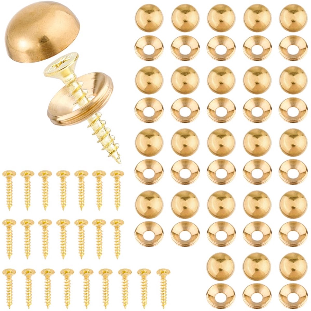 Sets decoratieve schroeven van ijzer met doppen, 14,5 mm, afdekking, schroeven, bevestigingen, goudkleurig, sierspijkers, decoratief, retro, voor spiegel, bevestigingsmateriaal voor