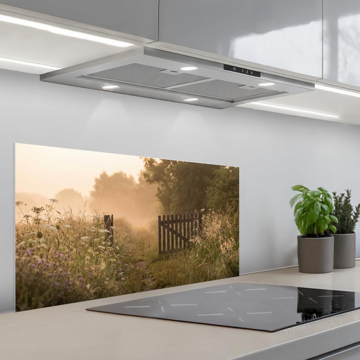 Keukenachterwand 45x90 cm zelfklevend keuken decoratie accessories home kitchen spatscherm Hek - Natuur - Mist - Veld