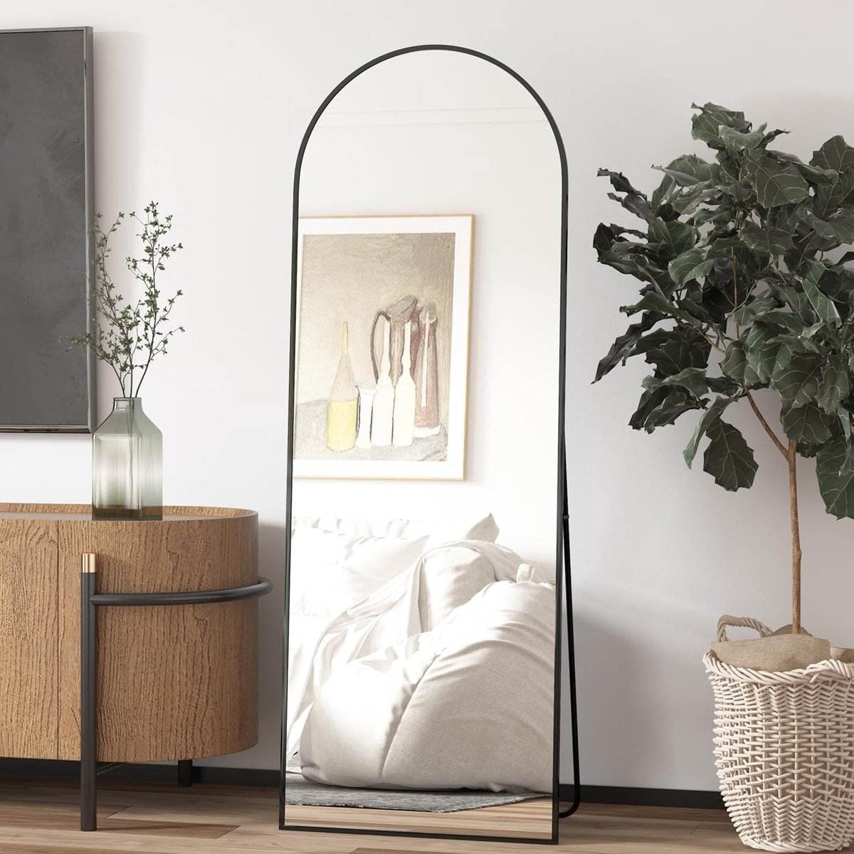 Spiegel in volledige lengte, 162 x 53 cm, full-body wandspiegel met aluminium frame, gebogen bovenspiegel, staande om op te hangen of te leunen, dressingspiegel voor slaapkamer, woonkamer,
