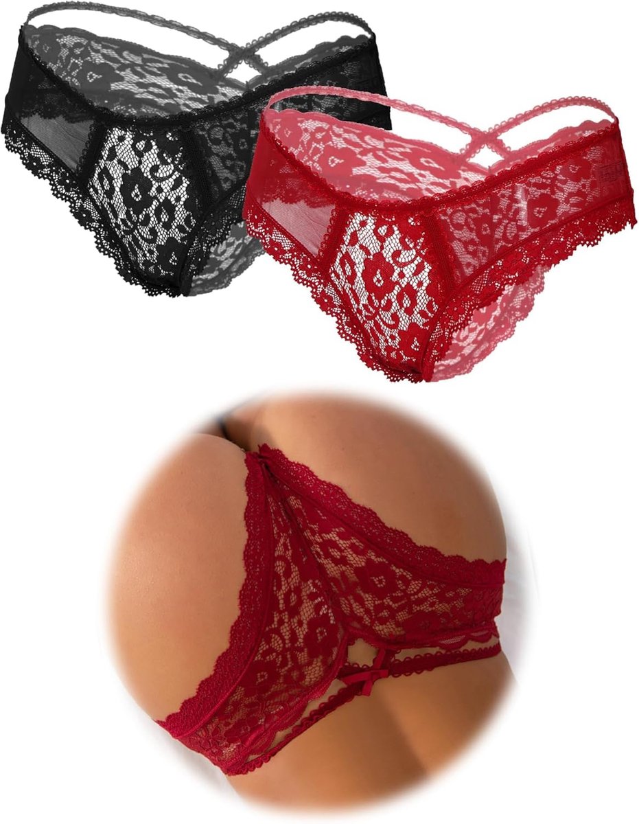 ohmydear String voor dames, sexy, chic, tanga voor dames, erotisch slipje, met open kruis, van katoen, kant, XS-4XL, transparante slipjes, strings en tanga's, ondergoed