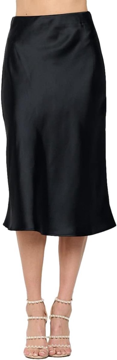 effen hoge taille zijdeachtige casual elastische satijnen midi-rok -Gemaakt in de VS (verkrijgbaar in grote maten)