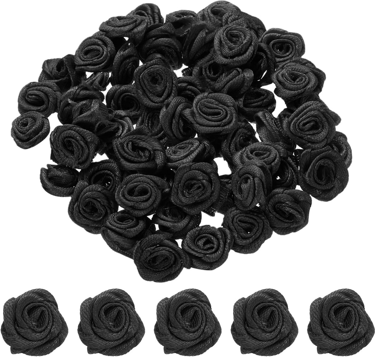 100 stuks 1,5 cm mini-rozen, satijnen lint, kunstbloemen, stof, satijnen lint voor doe-het-zelf accessoires, naaien, geschenkverpakking, bruiloftsdecoratie, zwart
